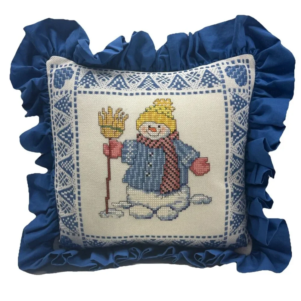 Vintage Handmade Snowman‎ With Broomstick Cross Stitch Throw Pillow EUC